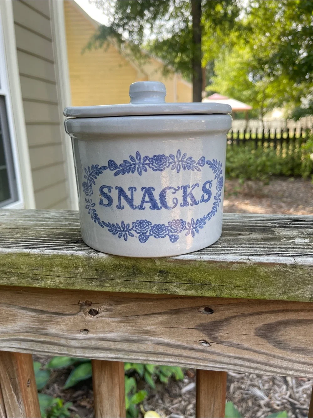Vintage Grey Stoneware Snacks Crock Blue Floral